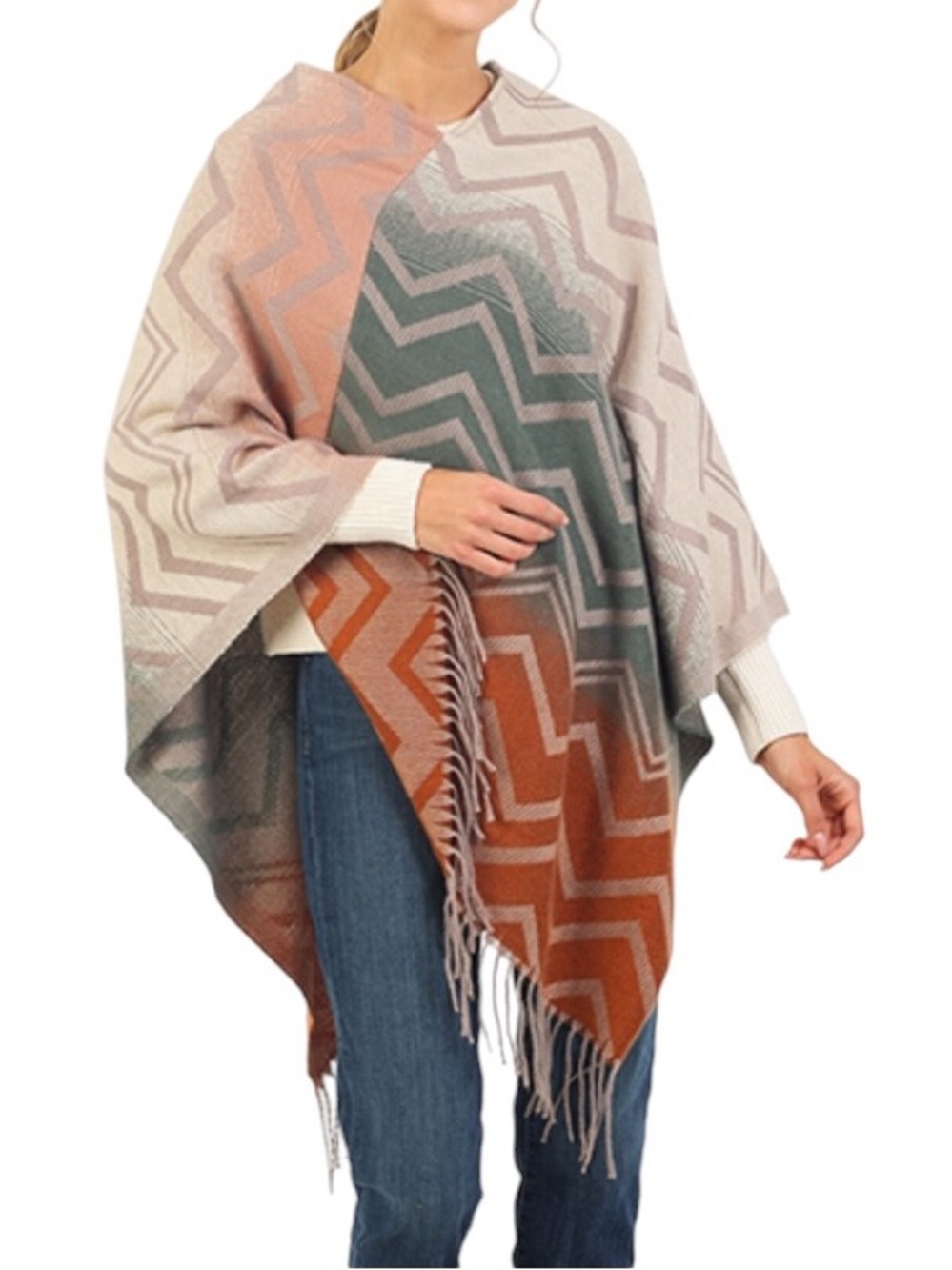 Fadivo Tri-Tone Chevron Fringe Poncho Soft Flowy Versatile NWT